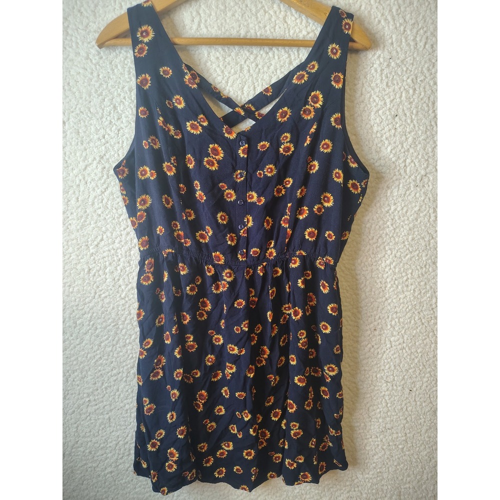 Just Found Sunflower Print Mini Dress Navy Blue Sleeveless Button Front 1X